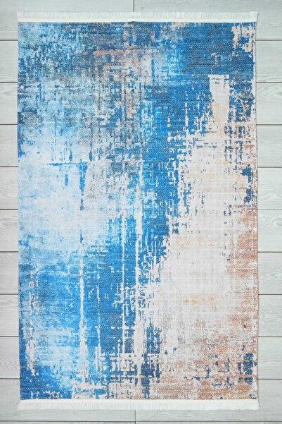 Oriente Home Abstract Desenli Mavi Bej Şönil Makina Halısı Yıkanabilir Saçakl...