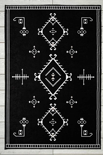 Oriente Home Iskandinav Desenli Siyah Beyaz Yıkanabilir Kaymaz Taban Kadife H...