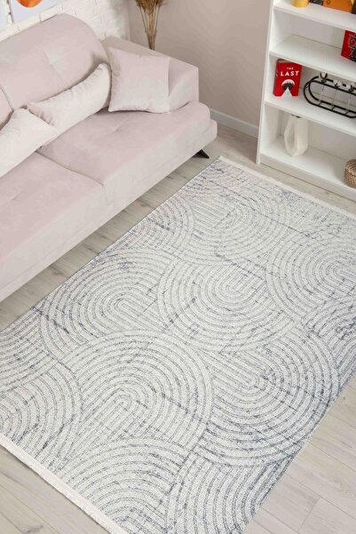Oriente Home İskandinav Desenli Beyaz Mavi Şönil Makina Halısı Yıkanabilir Sa...