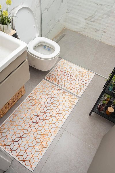 Oriente Home Honeycomb Patterned White Orange Non-Slip Base Washable Velvet 2-Piece Bath Mat 8726