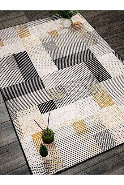 Oriente Home Linear Patterned Black White Yellow Washable Non-Slip Base Velvet Runner Hallway Carpet 7919