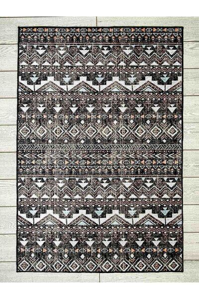 Oriente Home Scandinavian Patterned Black Washable Non-Slip Base Velvet Runner Hallway Carpet 7780
