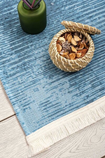 Oriente Home Modern Soft Desenli Mavi Yıkanabilir Şönil Dokuma Saçaklı Kaymaz Taban Salon Mutfak Halısı 8106
