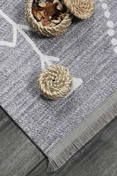 Oriente Home Scandinavian Patterned Gray Runner Washable Entrance Chenille Hallway Carpet 7706