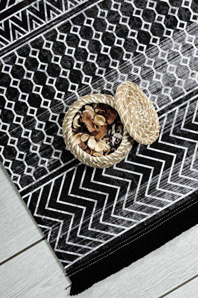 Oriente Home Scandinavian Patterned Black Chenille Machine Carpet Runner Washable Hallway Carpet 7757