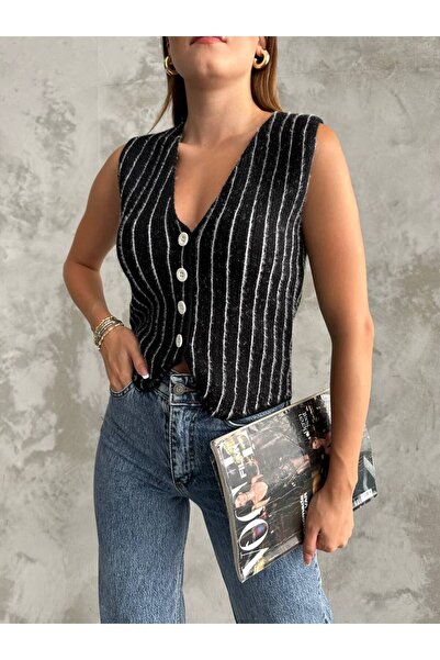 LB Laluna Butik Раирана дамска плетена жилетка