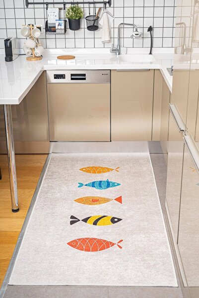 Oriente Home Balık Figürlü Beyaz Kaymaz Taban Dijital Baskı Yıkanabilir Kadif...
