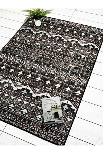 Oriente Home Scandinavian Patterned Black Washable Non-Slip Base Velvet Runner Hallway Carpet 7780