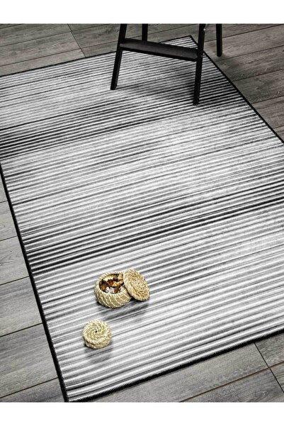 Oriente Home Linear Patterned Black and White Washable Non-Slip Base Velvet Runner Hallway Carpet 7912