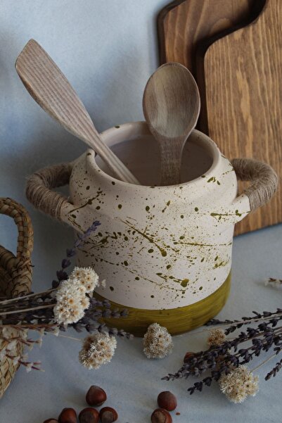 Mogolune El Yapımı Dekoratif Seramik Vazo Ve Kaşıklık Rustik Bej Renk Yeşil D...