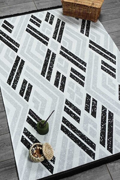 Oriente Home Geometrik Desenli Halı Gri Siyah Yıkanabilir Şönil Dokuma Kaymaz...