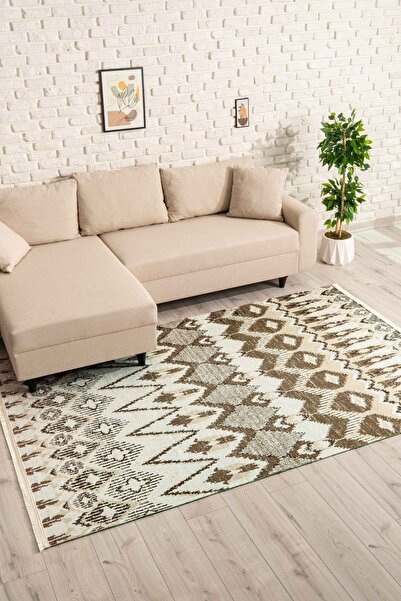 Oriente Home Scandinavian Patterned Cream Brown Washable Non-Slip Base Chenille Hallway Living Room Carpet 7828
