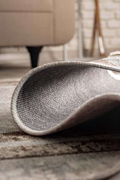 Oriente Home Bordürlü Açık Gri Kahverengi Yıkanabilir Kaymaz Taban Şönil Halı 8226