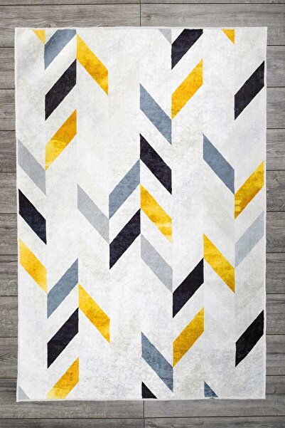 Oriente Home Geometrik Desenli Beyaz Mavi Gold Kadife Halı Yıkanabilir Kaymaz...