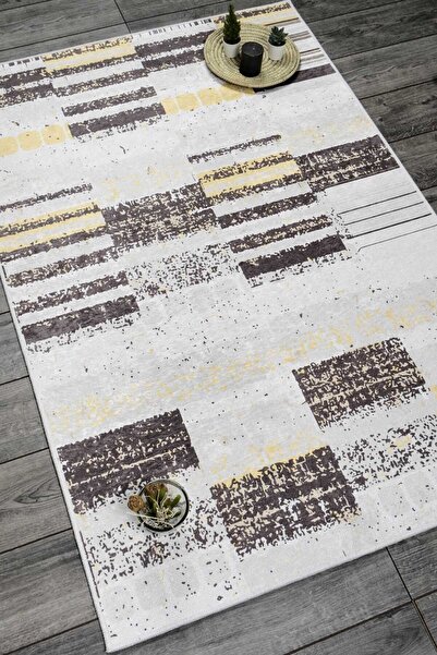 Oriente Home Modern Patterned Gray Yellow Velvet Carpet Washable Non-Slip Base Hallway Carpet Runner 7904