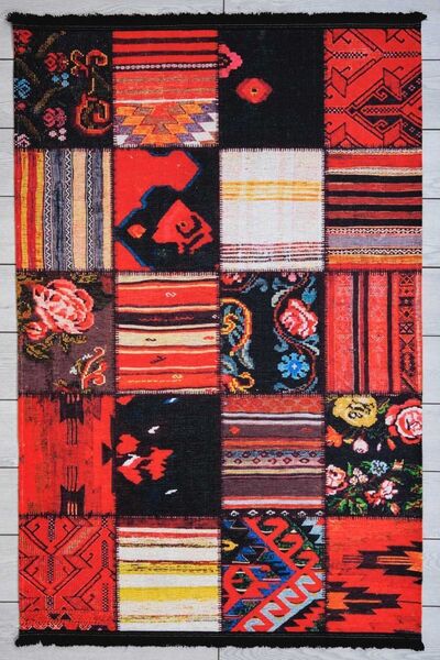 Oriente Home Patchwork Desenli Siyah Şönil Makina Halısı Yıkanabilir Saçaklı ...