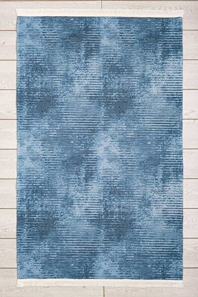 Oriente Home Modern Soft Desenli Mavi Yıkanabilir Şönil Dokuma Saçaklı Kaymaz Taban Salon Mutfak Halısı 8106