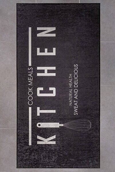 Oriente Home Figürlü Siyah Kaymaz Taban Dijital Baskı Yıkanabilir Kadife Mutf...