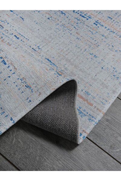 Oriente Home Modern Patterned Blue Beige Runner Washable Entrance Chenille Hallway Carpet 7362