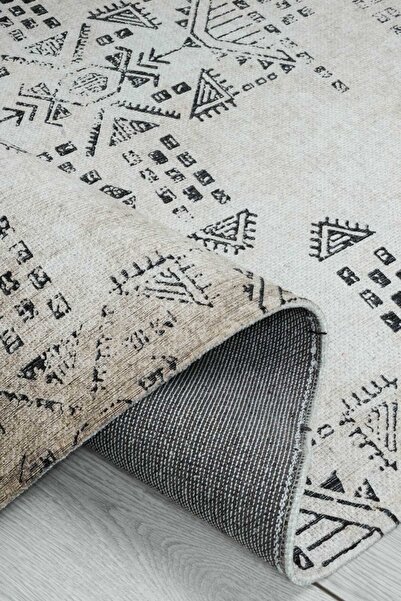 Oriente Home Scandinavian Patterned Beige Black Chenille Machine Carpet Runner Washable Hallway Carpet 7733