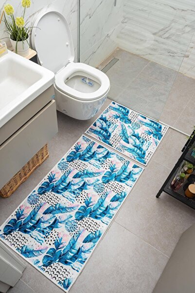 Oriente Home Μπλε και λευκό μοτίβο με φύλλα, αντιολισθητική βάση, πλενόμενη βελούδινη χαλάκια μπάνιου 2 τεμαχίων 8729