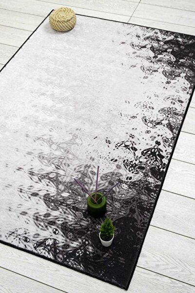 Oriente Home Linear Patterned Gray Black Washable Non-Slip Base Velvet Runner Hallway Carpet 7910