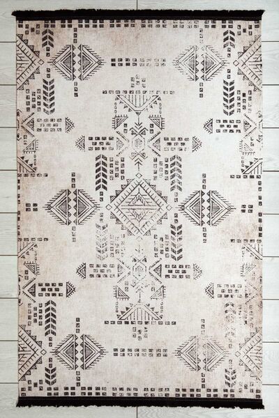 Oriente Home Scandinavian Patterned Beige Black Chenille Machine Carpet Runner Washable Hallway Carpet 7733