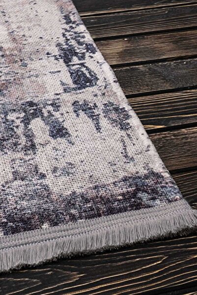 Oriente Home Eskitme Desenli Gri Dokuma Halı Yıkanabilir Şönil Makina Halısı Saçaklı Kaymaz Taban Halı 7372