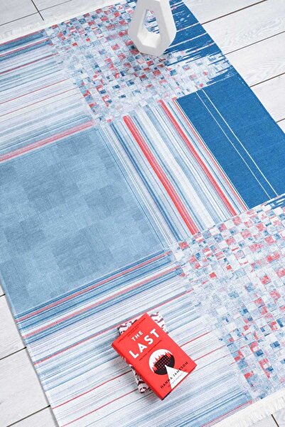 Oriente Home Bohemian Patterned Blue Powder Runner Washable Entrance Chenille Hallway Carpet 7554