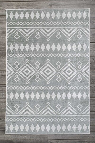 Oriente Home Iskandinav Desenli Gri Beyaz Kadife Halı Yıkanabilir Kaymaz Taba...