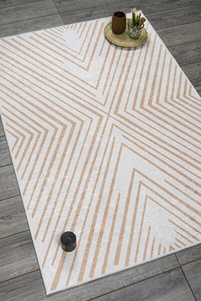 Oriente Home Geometrik Desenli Beyaz Bej Kadife Halı Yıkanabilir Kaymaz Taban...