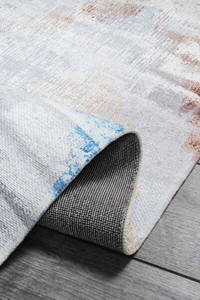 Oriente Home Modern Patterned Blue Gray Runner Washable Chenille Hallway Carpet 7151