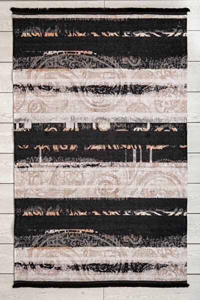 Oriente Home Bohem Desenli Halı Siyah Yıkanabilir Şönil Makina Halısı Saçaklı...