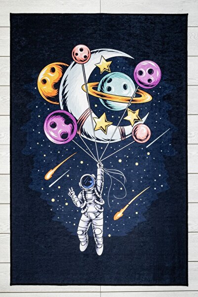 Oriente Home Uzay Desenli Siyah Çocuk Halısı Anti-bakteriyel Kaymaz Taban Kadife 8503