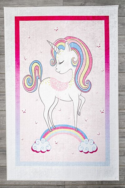 Oriente Home Unicorn Desenli Beyaz Çocuk Halısı Anti-bakteriyel Kaymaz Taban ...