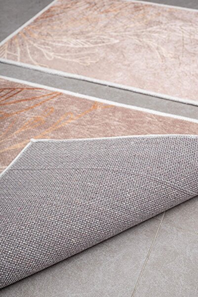 Oriente Home Leaf Patterned Salmon Non-Slip Base Washable Velvet 2-Piece Bath Mat 8711