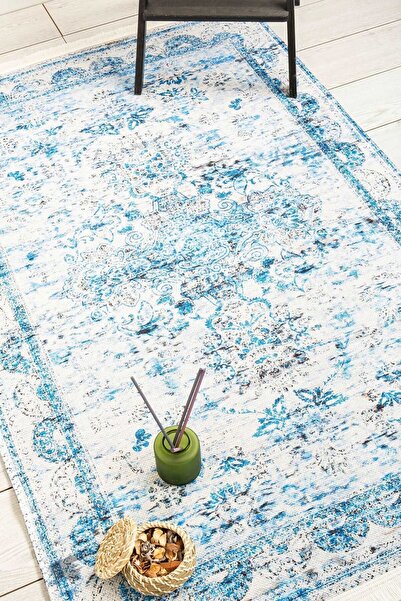 Oriente Home Klasik Yıkanabilir Şönil Makina Halısı Saçaklı Kaymaz Taban Mavi...