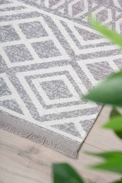 Oriente Home İskandinav Desenli Açık Gri Beyaz Yıkanabilir Kaymaz Taban Şönil Makina Halısı 7778
