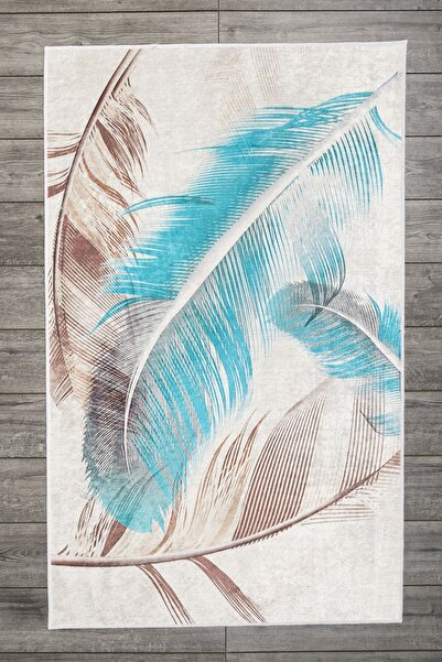 Oriente Home Feather Patterned Modern Velvet Carpet Brown Beige Blue Washable...