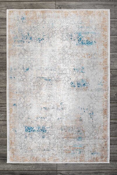 Oriente Home Eskitme Desenli Kadife Halı Gri Bej Mavi Yıkanabilir Kaymaz Taba...