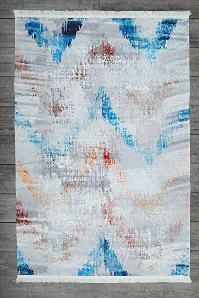 Oriente Home Modern Patterned Blue Gray Runner Washable Chenille Hallway Carpet 7151