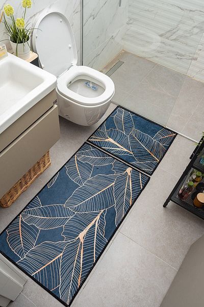 Oriente Home Honeycomb Patterned Dark Blue Salmon Non-Slip Base Washable Velvet 2-Piece Bath Mat 8701