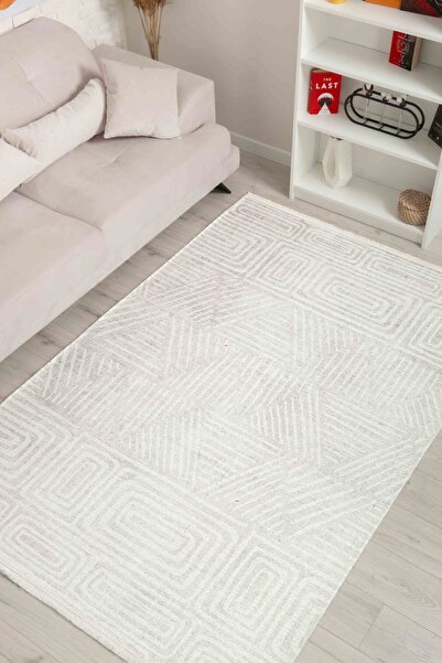 Oriente Home İskandinav Desenli Bej Şönil Makina Halısı Yıkanabilir Saçaklı K...