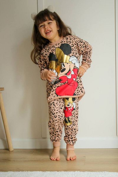 BİR DOZ ÇOCUK GÜLÜŞÜ Minnie Printed - Leopard Patterned Girl's Seasonal Set
