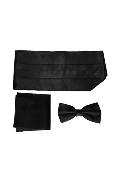 Elegante Cravatte Siyah Kuşak Papyon Seti Damatlık Smokin Kemeri