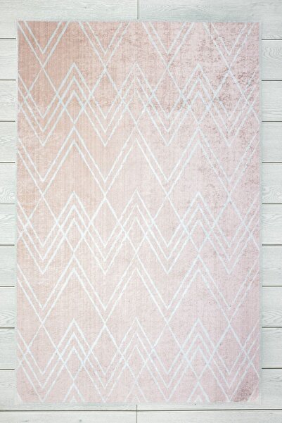 Oriente Home Çizgisel Desenli Somon Beyaz Çocuk Halısı Anti-bakteriyel Kaymaz...