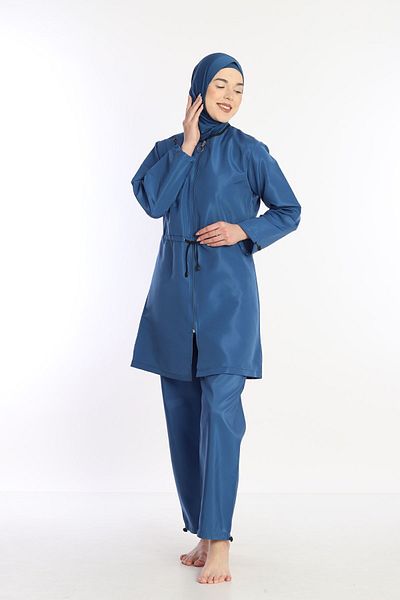Sonne's Blue Parachute Hijab Swimsuit - 4 Pieces, Water Repellent, Fast Drying Zipper