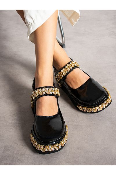 Alemdar Shoes Черни лачени кожени мокасини VORD - Дамски обувки с каменни детайли