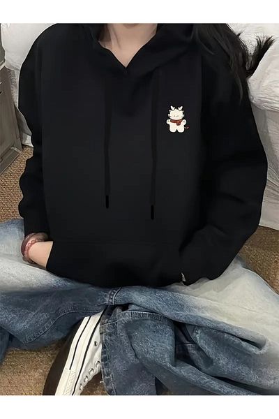 PALPİTO Black Plush Printed 3 Thread Hooded Women's Hoodie Sweatshirt