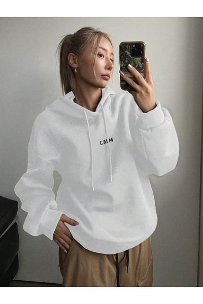 PALPİTO White'Calm Growth' Printed Women's Hoodie Sweatshirt - 3 Thread Hooded